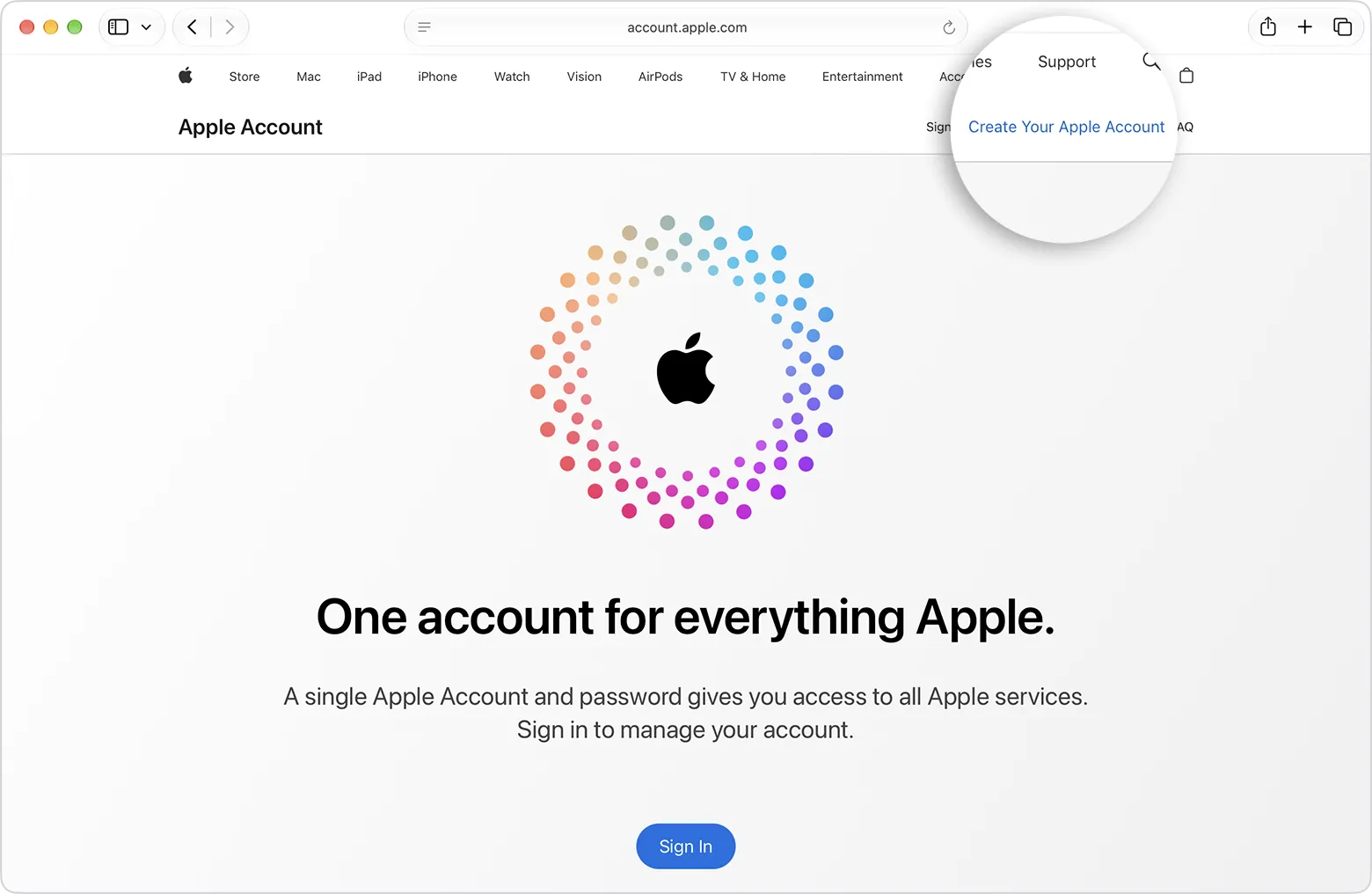 Apple 官方配图：网页上的创建 Apple 账号入口
