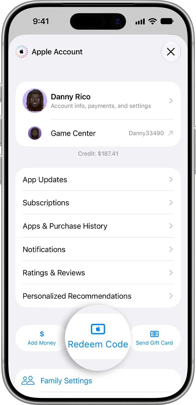 Apple 官方配图：App Store 账户中的兑换入口